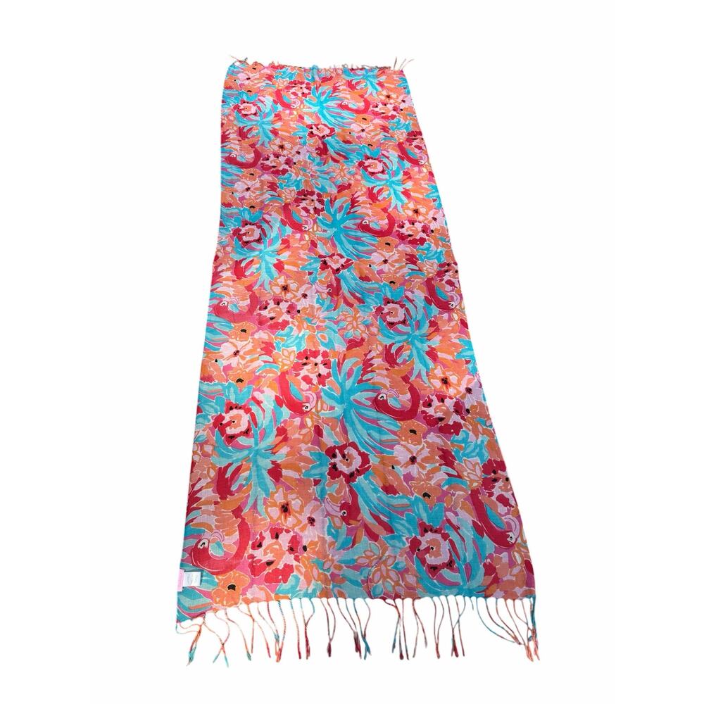 Lilly Pulitzer Silk Cashmere Tropical Flamingo Fringe Scarf Wrap - Picture 5 of 13